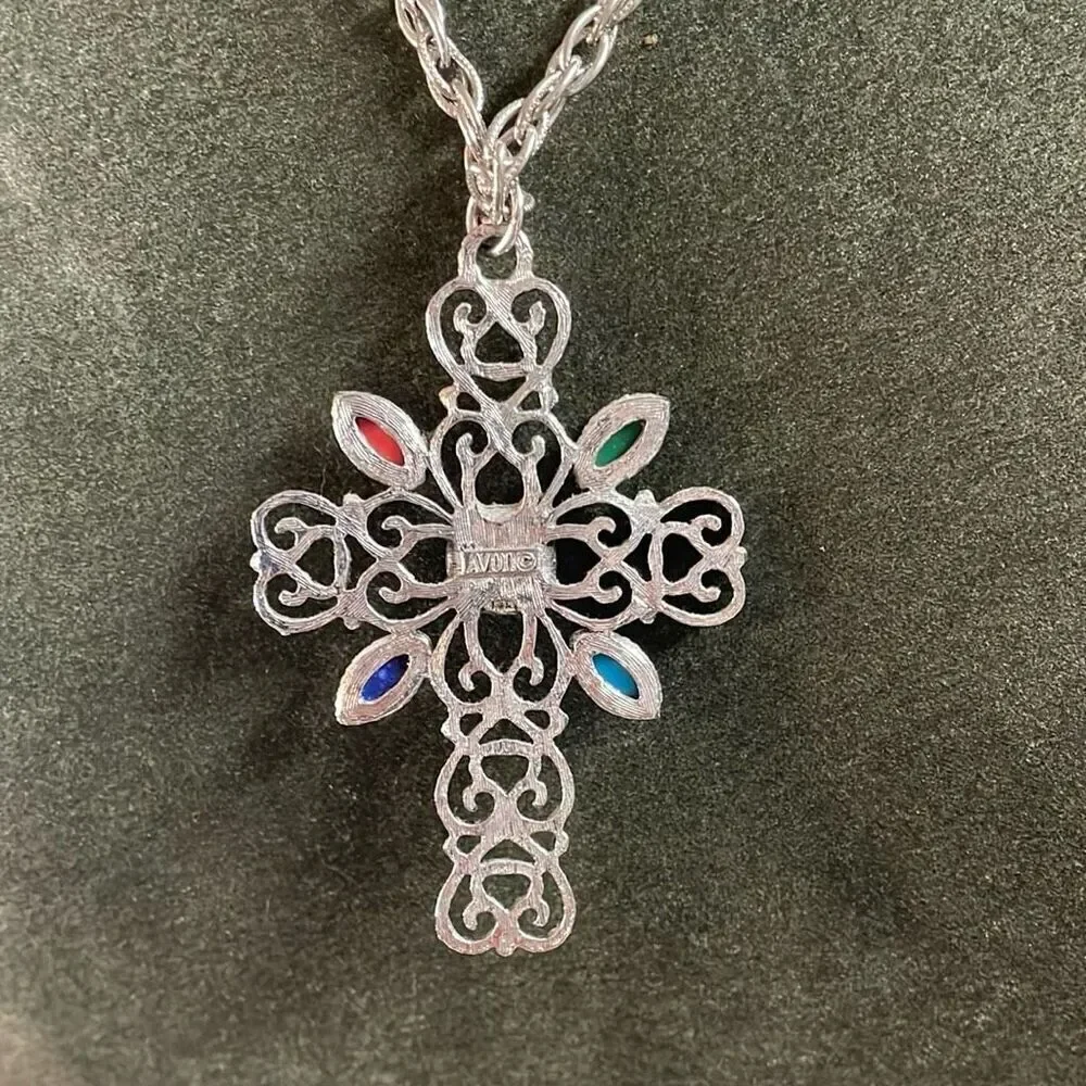 Vintage Avon Fillagree Christan Cross Necklace Jewelry Silvertone 14” 70’s